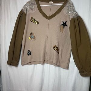 POL V-neck glam patches contrast long sleeves SIZE S